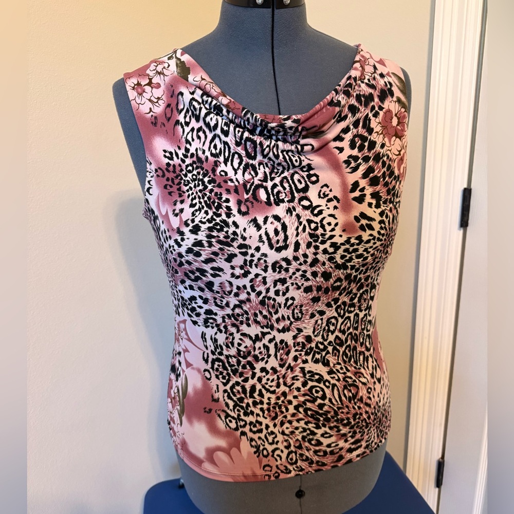 Susan Lawrence Pink Leopard & Floral Cowl Neck Sleeveless Top
